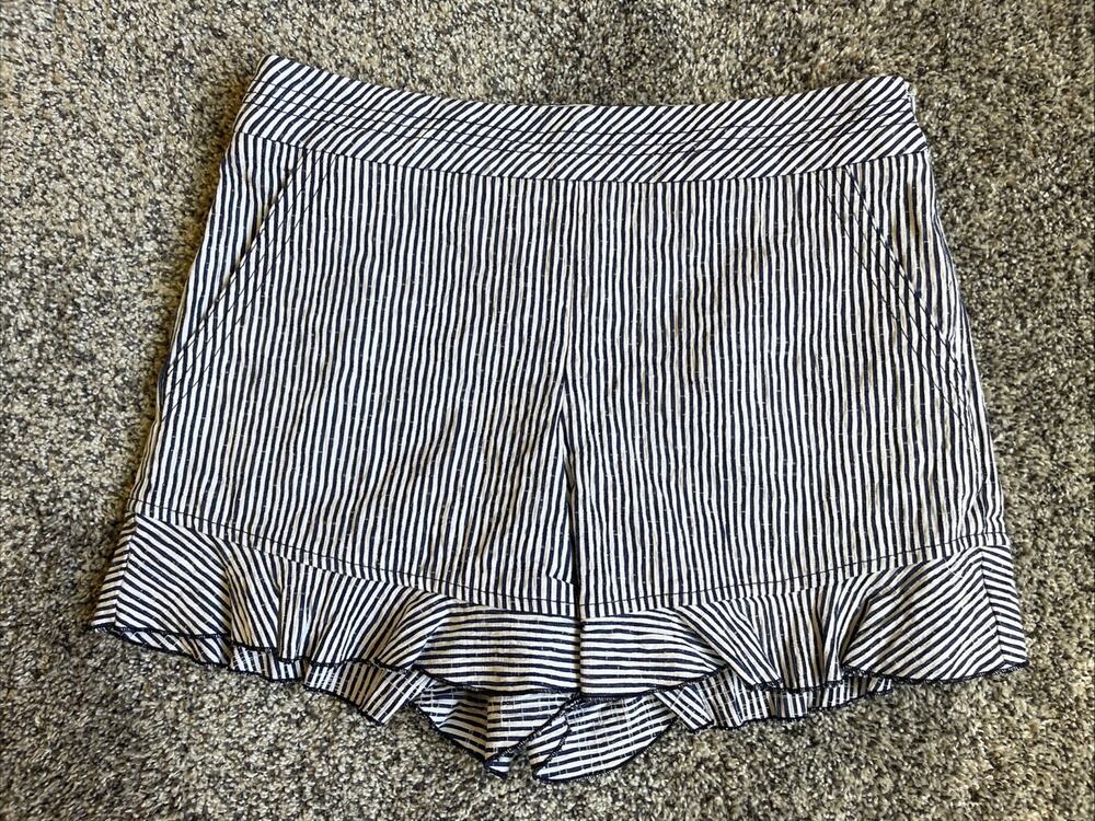 Trina Turk Rockin Ruffle Blue White Striped Shorts Size 2 Side Zip 4” Inseam